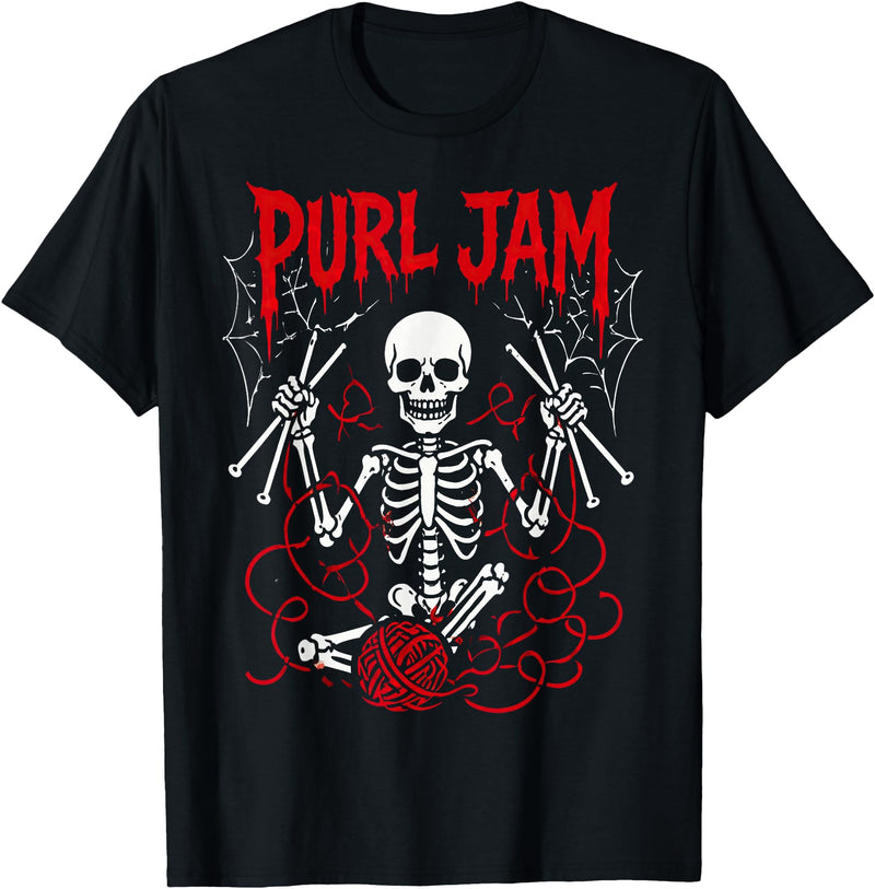 Bone Knitting Co. Purl Jam Skeleton Knitting Craft Lover Funny Design T-Shirt - Black