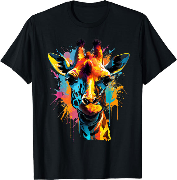 Safari Animal Art Giraffe Artwork Wildlife Savanna Portrait Colorful Splash T-Shirt - Black