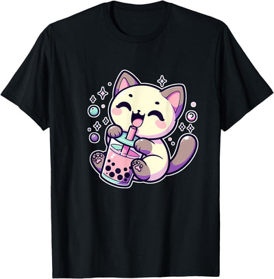 Anime Siamese Cat Boba Tea Pastel Goth Siamese Cat Bubble Tea T-Shirt
