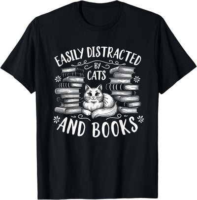 Cat Lover Catzilla Designs Easily Distracted by Cats and Books Cat Design Women Girls T-Shirt
