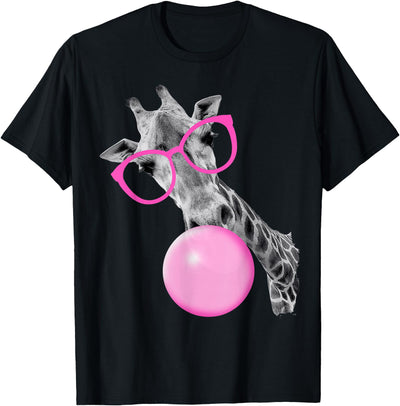 Cool Giraffe Blowing Bubble with Pink Glasses – Funny Animal T-Shirt