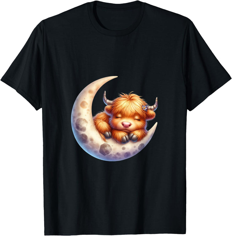 Cute Baby Highland Cow Sleeping on the Moon Heifer Farm T-Shirt - Black
