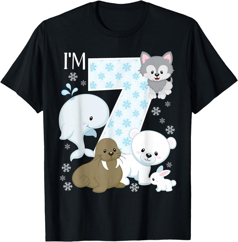 Arctic Animals Birthday Party Family Matching Bday Arctic Animals 7th Birthday Polar Bear Walrus Fox Sea Theme T-Shirt - Black