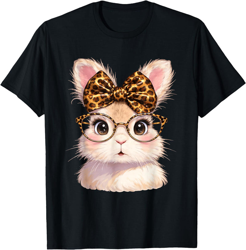 Easter Cute Bunny Rabbit with Glasses Leopard Coquette Bow T-Shirt in Black