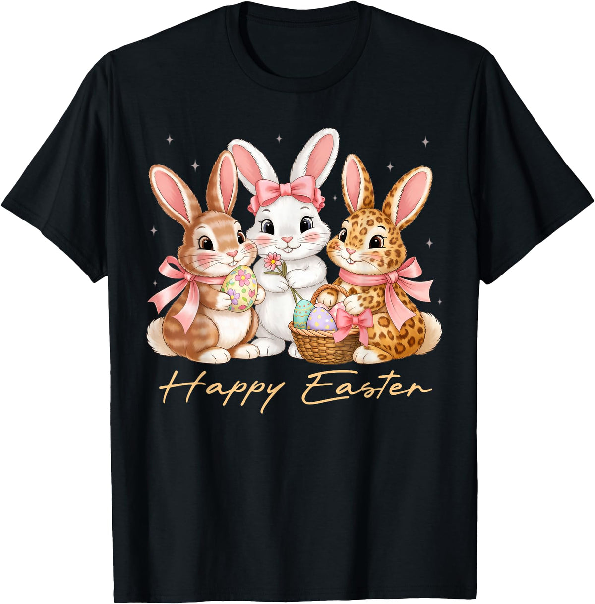 Happy Easter Women Girls Cute Bunny Rabbit Easter Day T-Shirt in Black