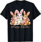Happy Easter Women Girls Cute Bunny Rabbit Easter Day T-Shirt in Black