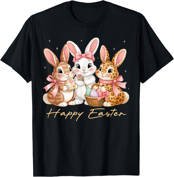 Happy Easter Women Girls Cute Bunny Rabbit Easter Day T-Shirt in Black