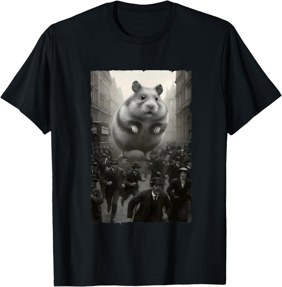 Giant Puffy Hamster Funny Destroying Retro City Picture T-Shirt - Black