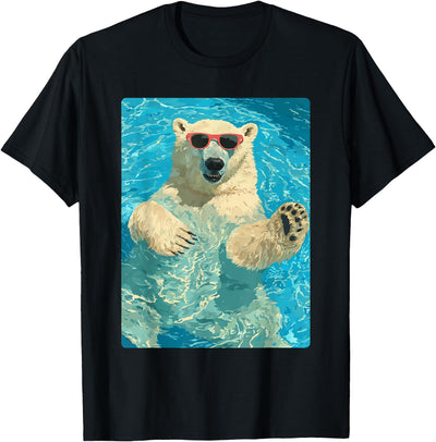 Pool Party Summer Animals Designs Funny Polar Bear with Sunglasses Summer Animal Swimming T-Shirt