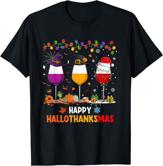 Funny Halloween Thanksgiving Christmas Wine Halloween Thanksgiving Christmas Happy Hallothanksmas T-Shirt - Black