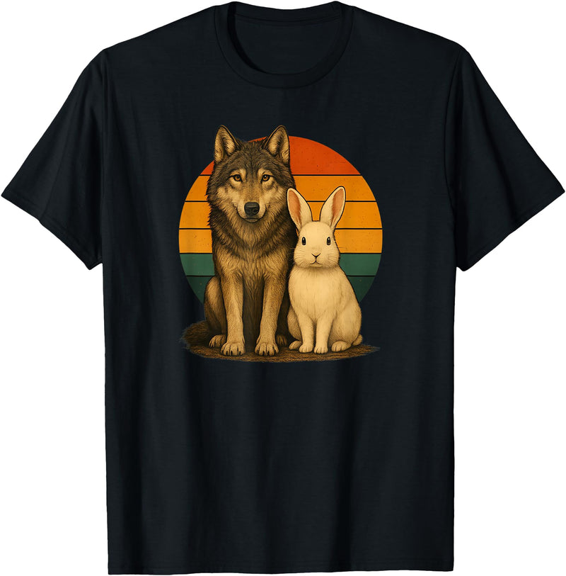 Wolf Rabbit Retro Animal Friends T-Shirt in Black