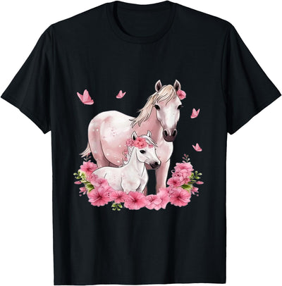 Horse Foal Butterfly Girl Flowers Horseback Riding Horse with Foal - Flowers and Butterflies T-Shirt