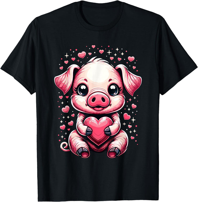 Cute Pig Valentine Apparel Pig Holding Heart Valentine's Day Cute Valentine T-Shirt - Black