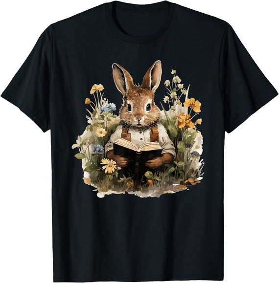 Cottagecore Rabbit Reading Aesthetic Book Outfit for Women T-Shirt in Black