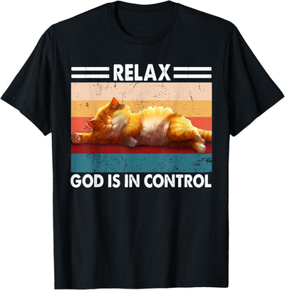 Vintage Relax God Is In Control Funny Cute Cat Sleeping T-Shirt