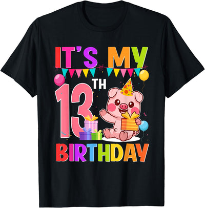 13 Years Old Birthday Pig Theme Party It's My 13th Birthday T-Shirt