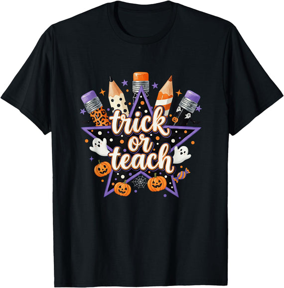 Halloween Pumpkin Spooky Season Fall Vibes Apparel Trick or Teach Halloween Teacher Pencil Ghost Pumpkin School T-Shirt - As