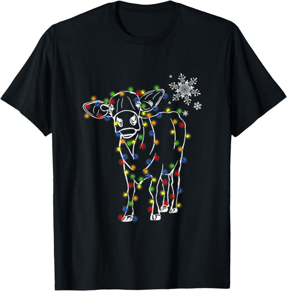 Cow Christmas Light Tree Cow Xmas Snow Lover T-Shirt - Black