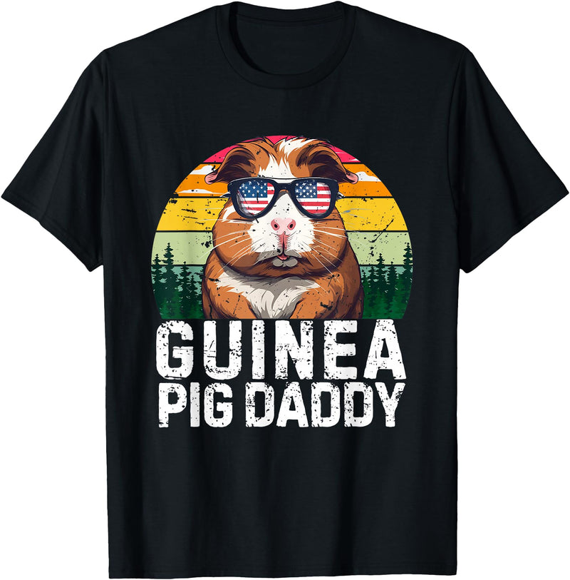Retro 4th Of July Dad Father's Day Gifts Guinea Pig Daddy USA Flag Father's Day 4th Of July Retro T-Shirt - Black
