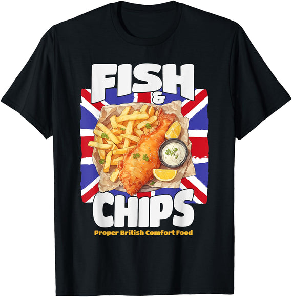 Fish & Chips Costume Ideas For Kids & UK Foods Fish And Chips Outfit Idea For Women & Novelty British Foods T-Shirt - Black