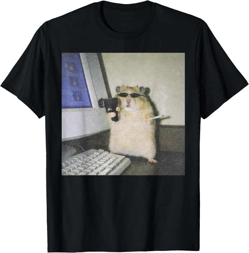 Cyber Hamster Meme Cringe Funny Animal Vintage Graphic Tee T-Shirt - Black