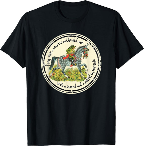 Brown County General Frog Went a Courtin Riding Horse with Sword Folk Tale T-Shirt - Black