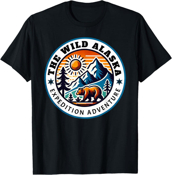 Hiking Glacier Bear and Alaska Frontier Apparel Glacier Mountain Landscape and Alaskan Bear Wildlife T-Shirt - Black