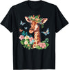 Colorful Giraffe Art I Cartoon Giraffe Cute Giraffe With Flowers I Kids Giraffe T-Shirt - Black