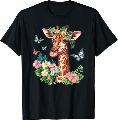 Cute Giraffe With Flowers I Kids Giraffe T-Shirt