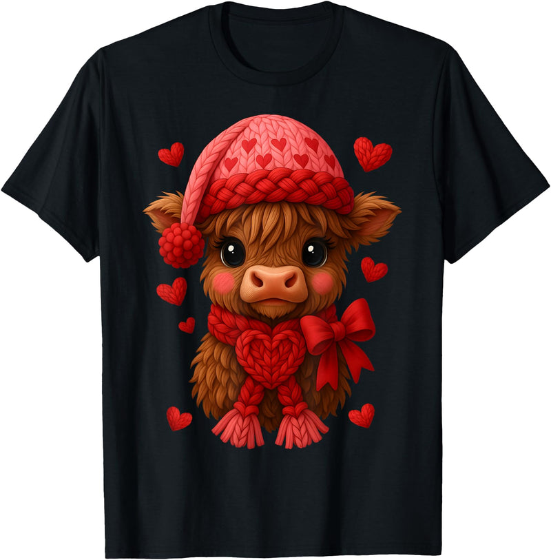 Coquette Bow Highland Cow Valentine Women Girls. Highland Cow Valentines Day Funny Hearts Valentine Cow Women T-Shirt - Black