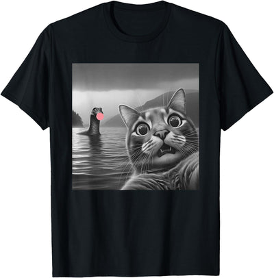 Luxinda Surprised Cat Selfie Loch Ness Monster Funny Surprised Cat Selfie with Loch Ness Monster, Bubble T-Shirt