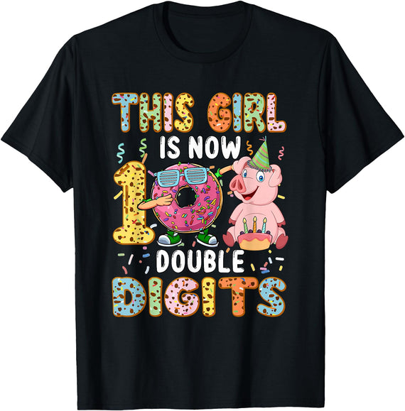 Farmer Birthday Costume Girl Costume 10 Double Digits Funny 10th Birthday Pig T-Shirt - Black