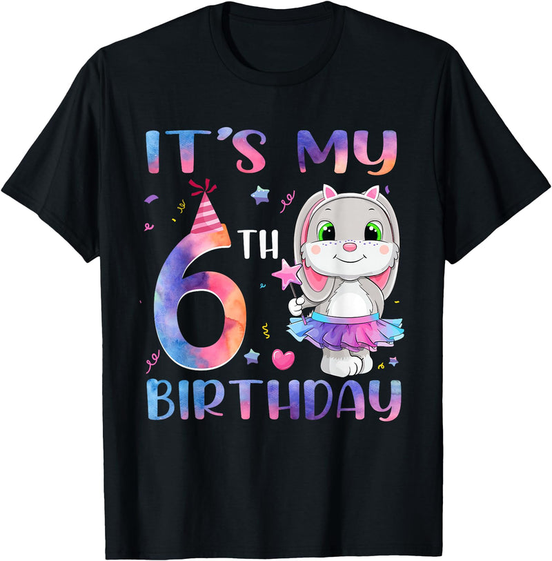 It's My 6th Birthday Bunny Rabbit 6 Years Old Boy Girl T-Shirt in Black