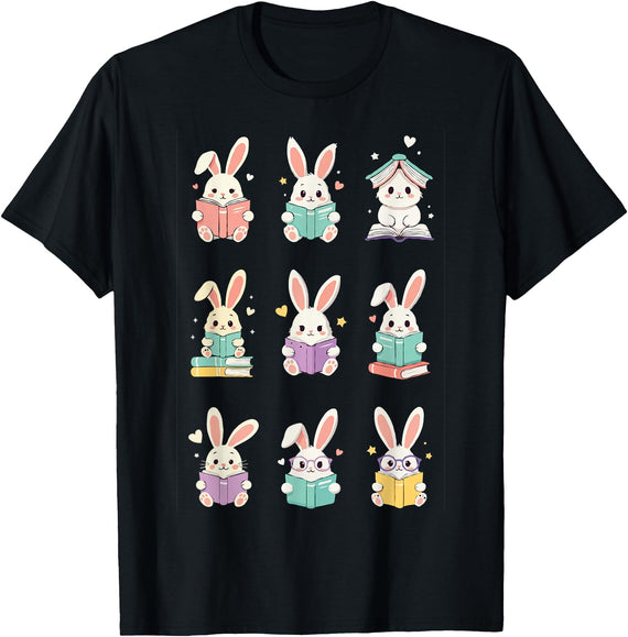 Bunny Reading Books Easter Day Cute Rabbit Librarian Teacher T-Shirt in Black