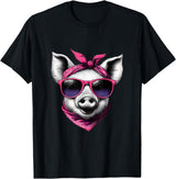 Fashionable Animals Wearing Pink Bandanas Pig Wearing A Pink Bandana Headband And Sunglasses T-Shirt - Black