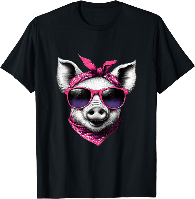 Fashionable Animals Wearing Pink Bandanas Pig Wearing A Pink Bandana Headband And Sunglasses T-Shirt - Black