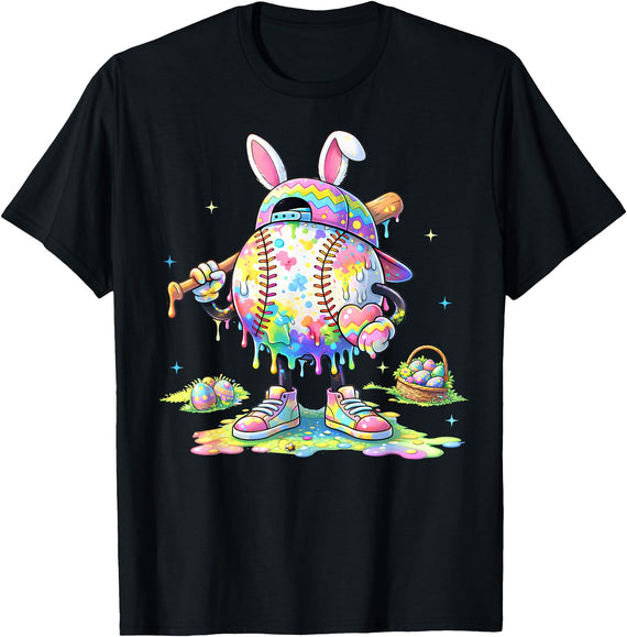 Dripping Tie Dye Rabbit Baseball Easter Bunny Men Boy Kid T-Shirt in Black
