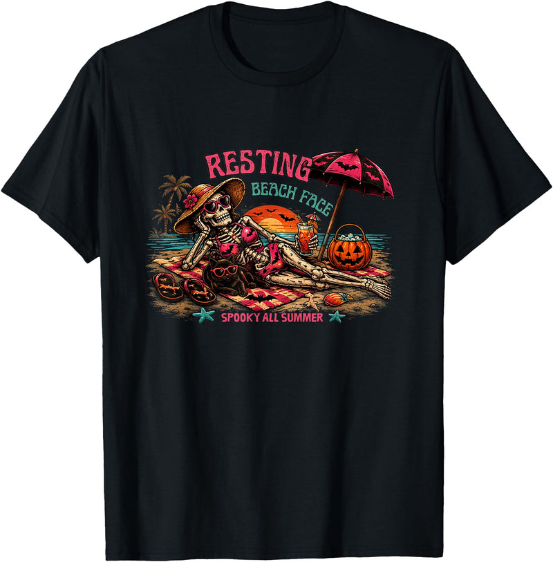 Spooky Summer Vibes retro summerween halloween Funny Skeleton Beach Halloween Resting Beach Face summerween T-Shirt - Black