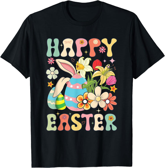 Happy Easter Bunny Rabbit Eggs Groovy Matching Easter Day T-Shirt in Black