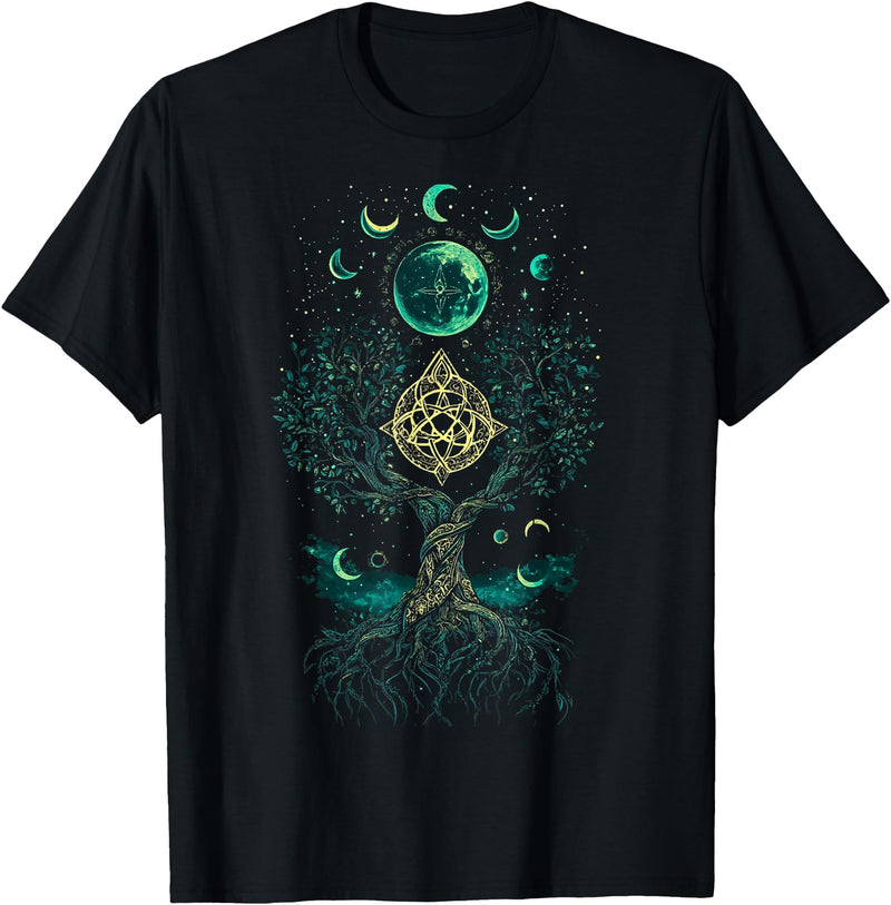 Phases Of The Moon Tree Moon Phases Yggdrasil Viking Pagan Wicca T-Shirt - Black
