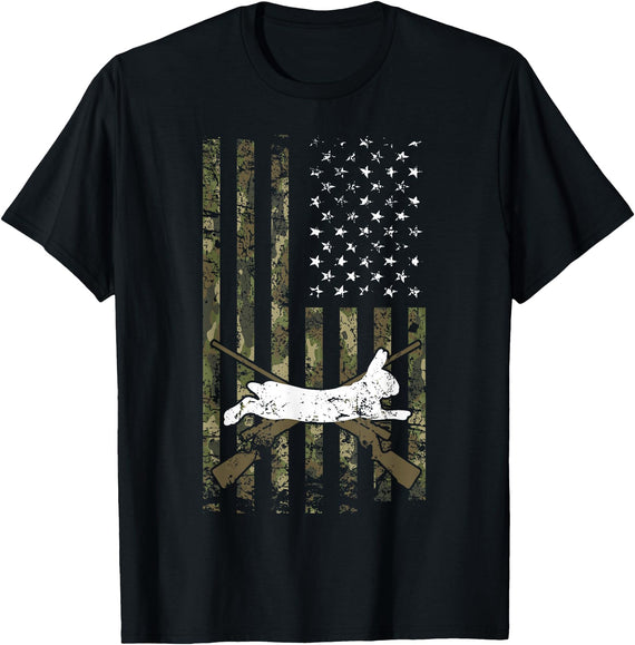 Rabbit Hunter Veteran US Flag Rabbit Hunting T-Shirt in Black