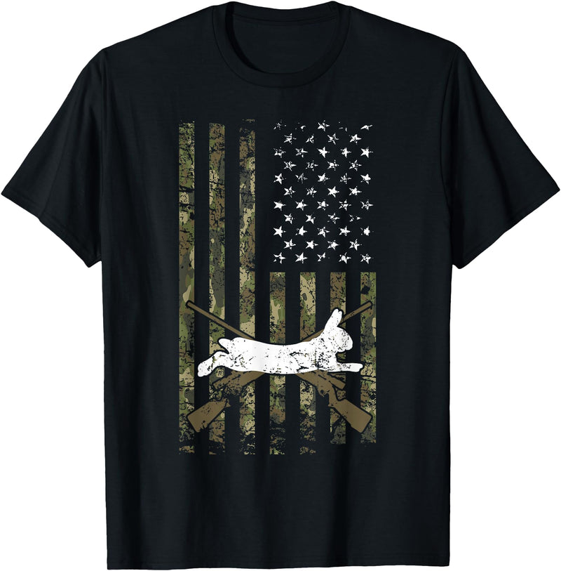 Rabbit Hunter Veteran US Flag Rabbit Hunting T-Shirt in Black