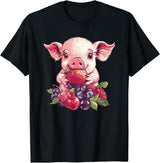 Cute Pig Eating Strawberries And Berries Fun Adorable Pig With Strawberries And Berries T-Shirt - Black
