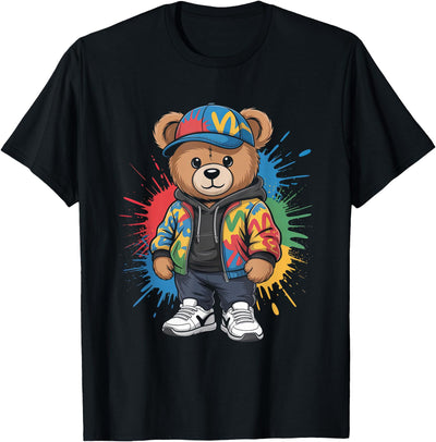 cute vintage teddybear in street wear splash colours kids T-Shirt
