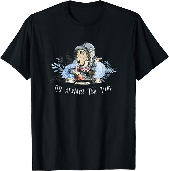 Alice in Wonderland - Floral - It's Aways Tea Time Rabbit T-Shirt in Black