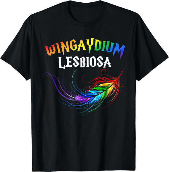 Funny LGBTQ Outfits Co. Funny LGBT Lesbian Love Wingaydium Lesbiosa T-Shirt - Black
