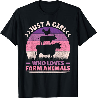 Just a Girl Who Loves Farm Animals Retro Sunset T-Shirt