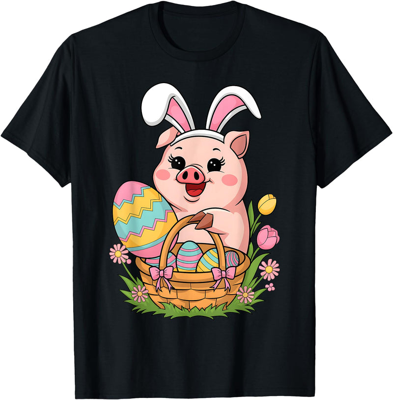 Happy Easter Pig Animal Happy Easter Women Girls Kids Easter Egg Basket Easter Pig T-Shirt - Black