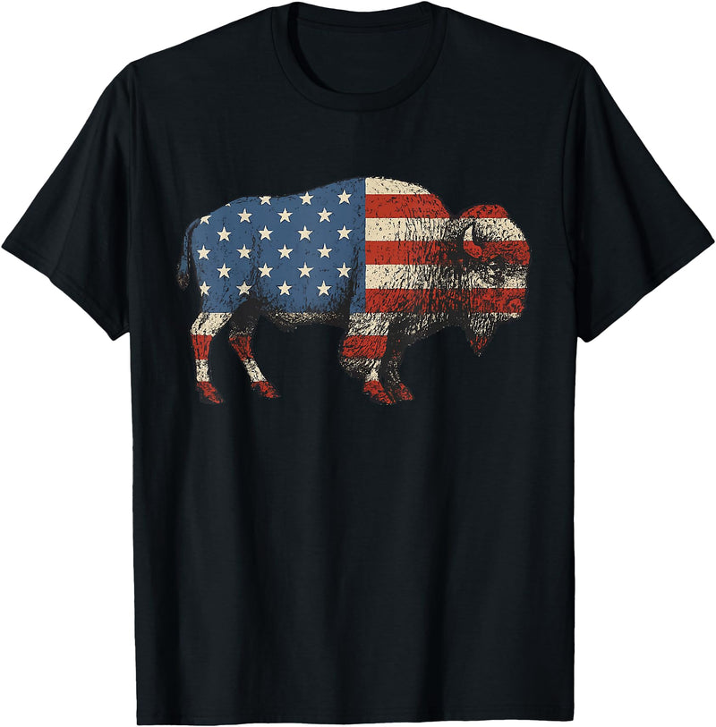Bison American Buffalo Gifts & Apparel Stuff Bison USA American Flag Patriotic United States T-Shirt - Black