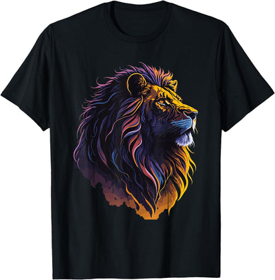 Colorful Vintage Graphic Lion Head Face Art T-Shirt